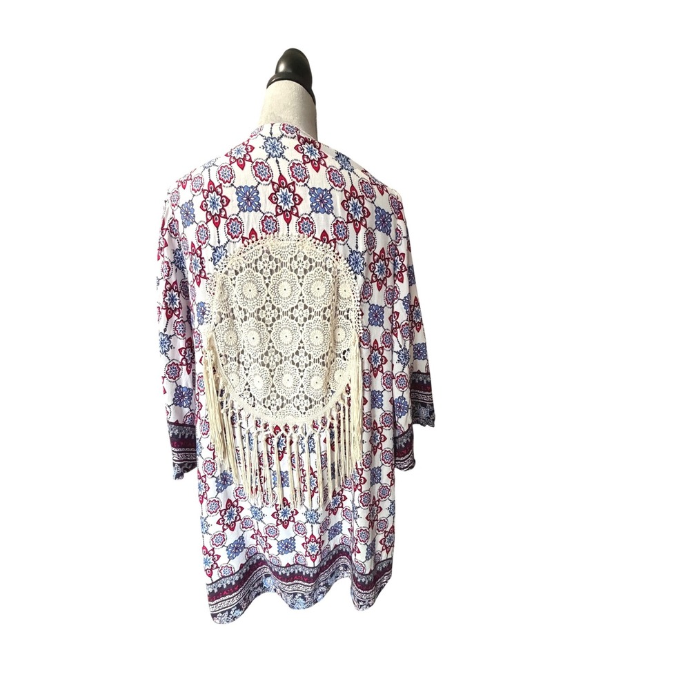 Onetheland Womens Boho Medallion Print Crochet Lace Fringe Kimono Cardigan L